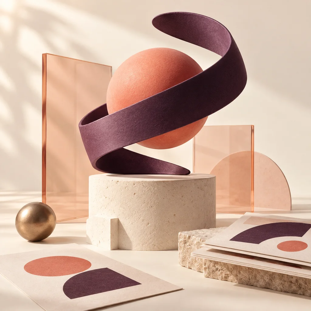Sculptural plum ribbon orbiting a coral sphere among glass panels and graphic paper forms