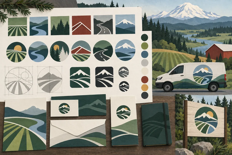 Conceptual identity sketches beside a Alderton-inspired rural Pierce County valley and regional business corridor and evergreen landscape