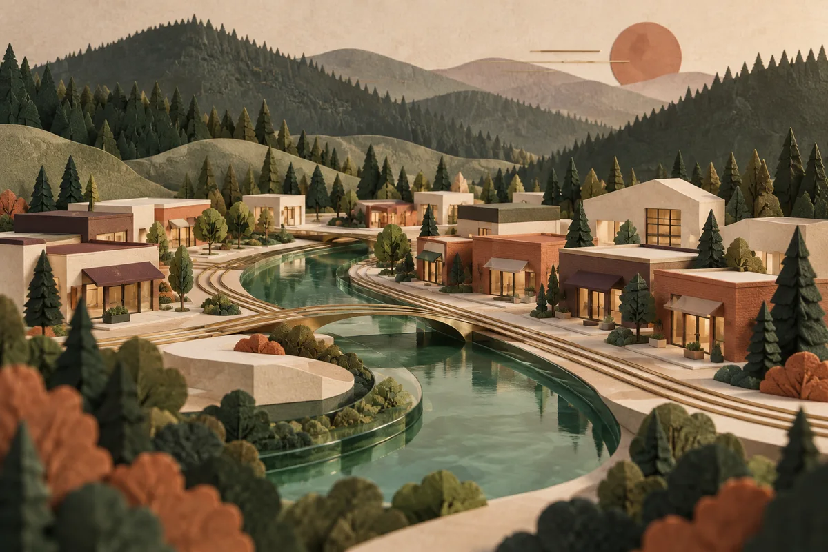 Conceptual Pacific Northwest valley community with workshops, storefronts, water, and wooded hills
