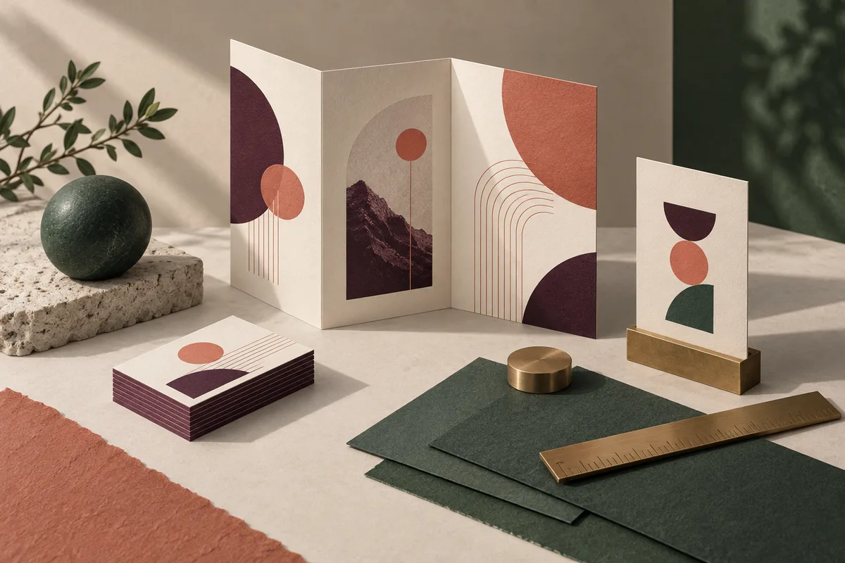 Conceptual brochure, sign, cards, ruler, and color swatches arranged as a coordinated design system