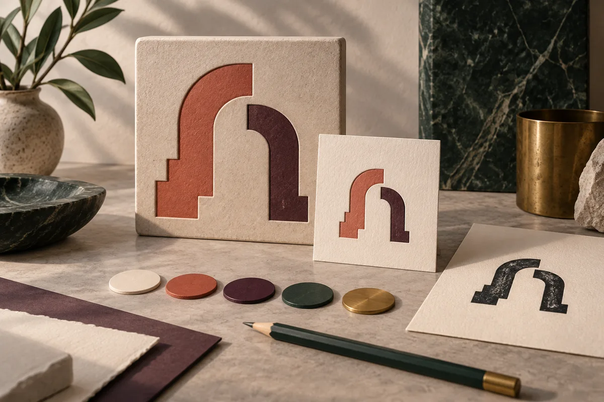 Conceptual geometric gateway identity explored as a sculpture, card, and stamp impression