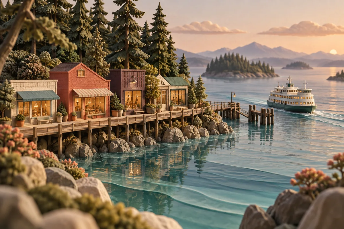 Conceptual forested island with independent storefronts, a boardwalk, and a small ferry on teal water