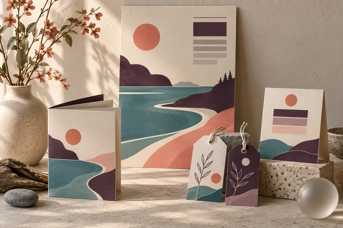Conceptual booklet, poster, paper tags, and tabletop sign sharing abstract coastal shapes and colors