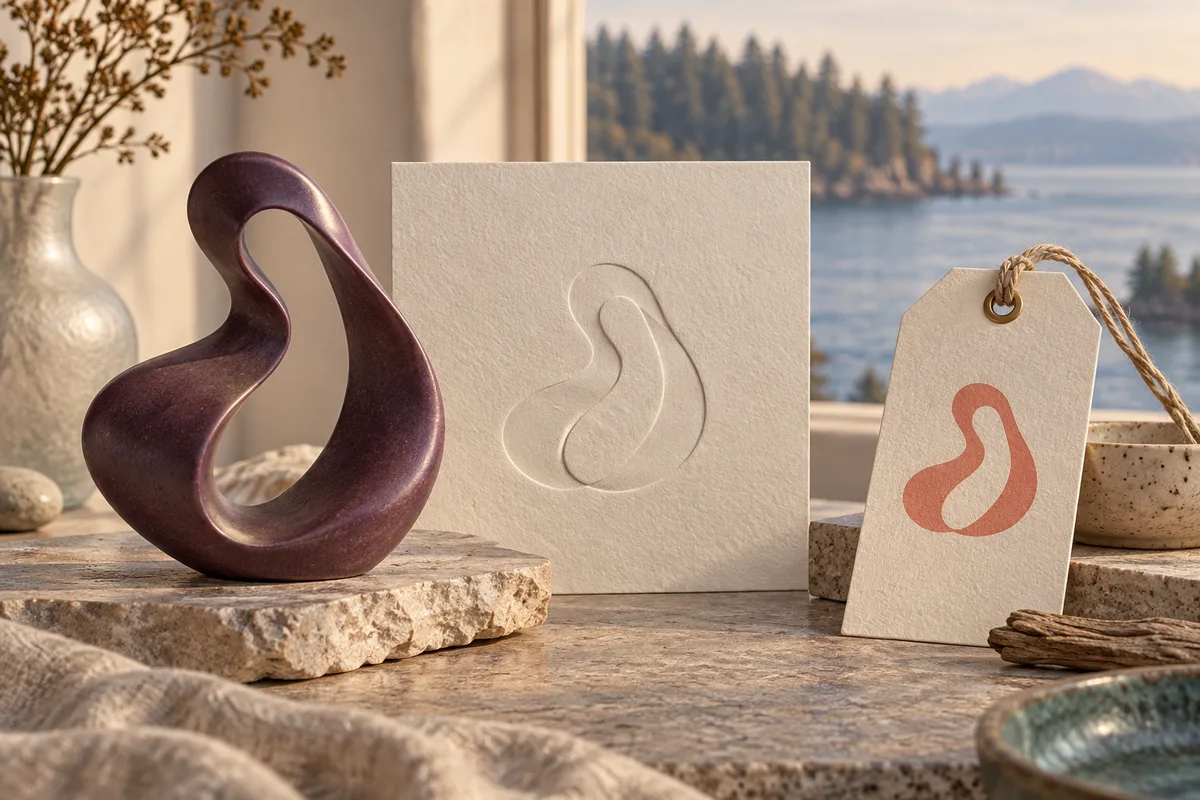 Conceptual loop-shaped identity shown as a plum sculpture, embossed ivory card, and coral mark on a tag