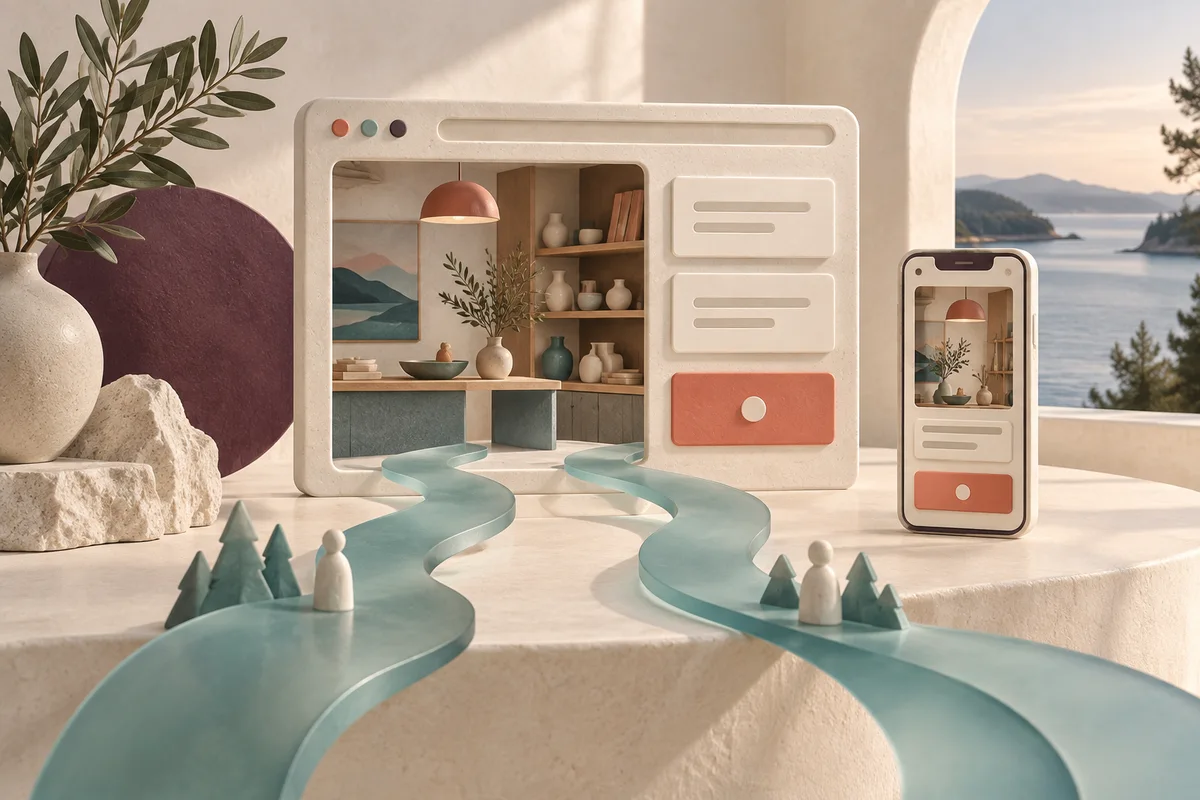 Conceptual ceramic browser and matching smartphone with two curved teal paths leading toward the website