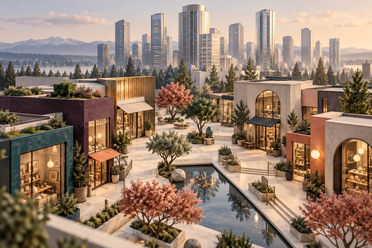 Conceptual urban courtyard with small storefronts, creative studios, sculptural trees, and glass towers