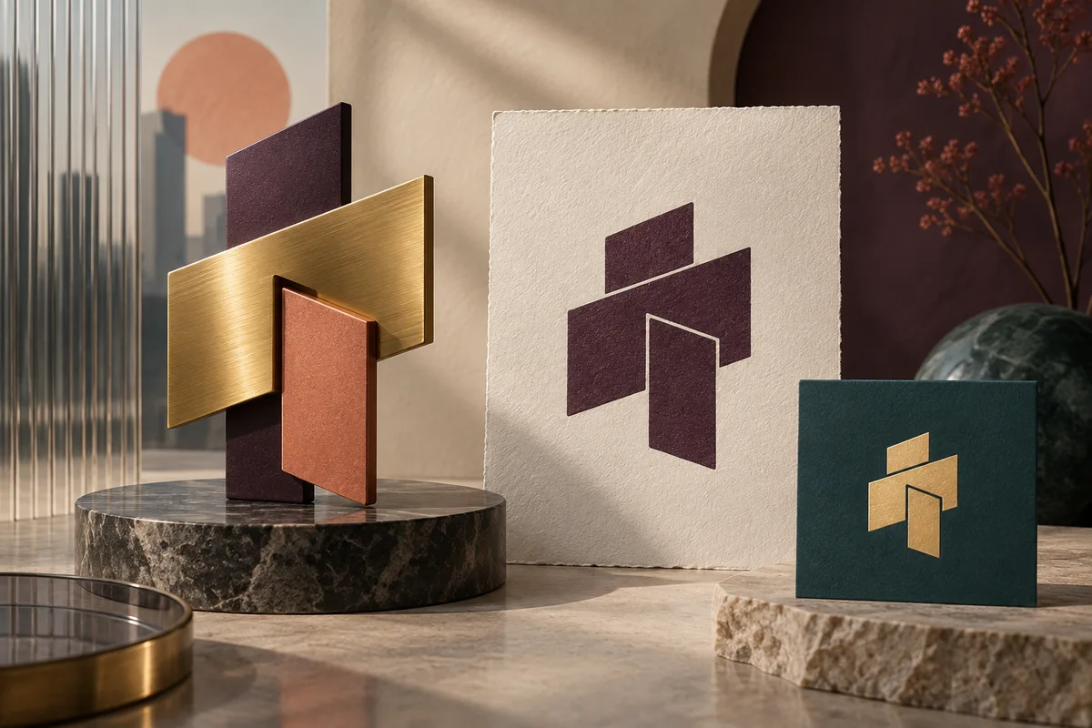 Conceptual geometric identity explored as an architectural sculpture, one-color impression, and compact card mark