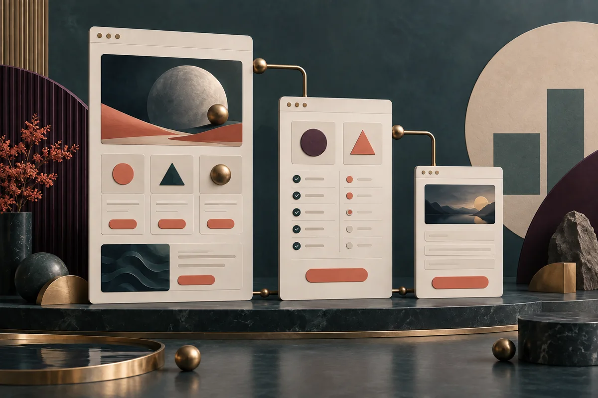Conceptual website panels connected by brass paths, showing service, comparison, and inquiry layouts