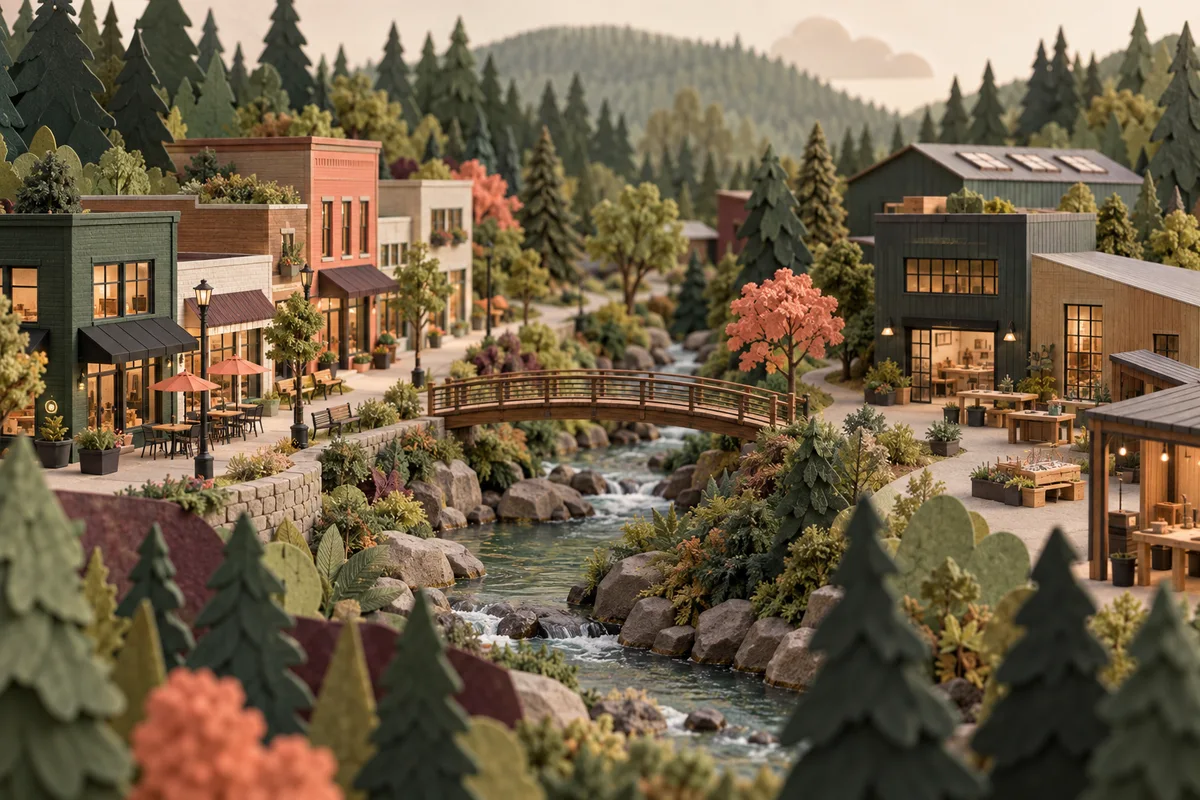 Conceptual wooded neighborhood with storefronts and studios connected by a pedestrian bridge over a creek