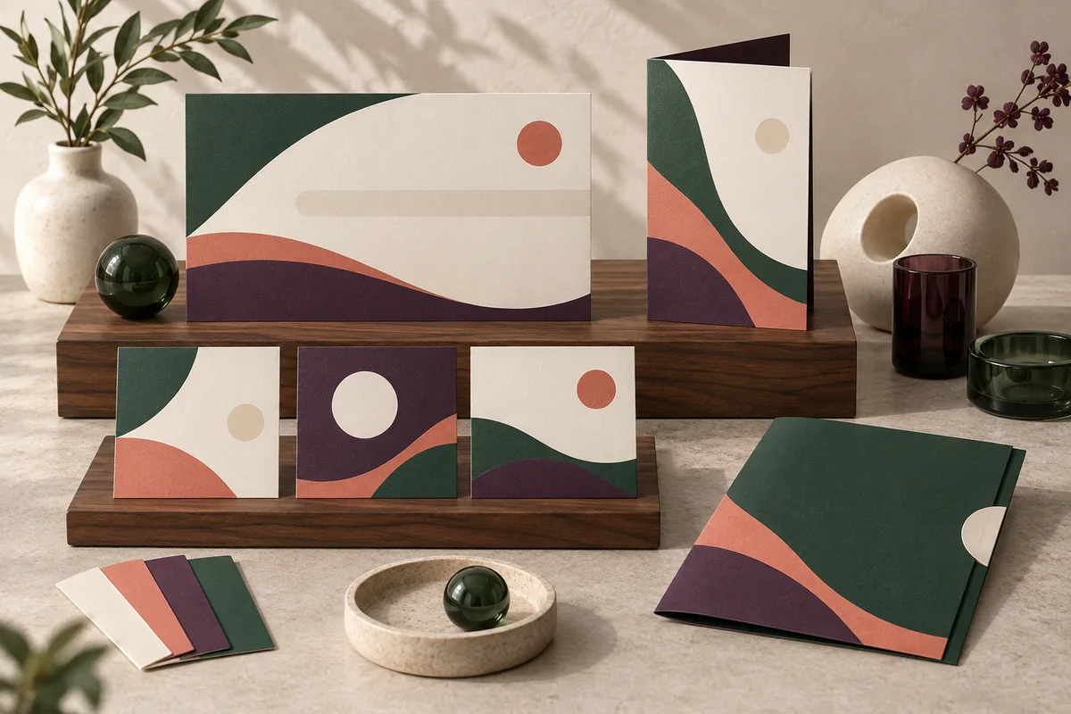 Conceptual coordinated service sheet, folded card, announcement cards, folder, and color swatches on walnut blocks