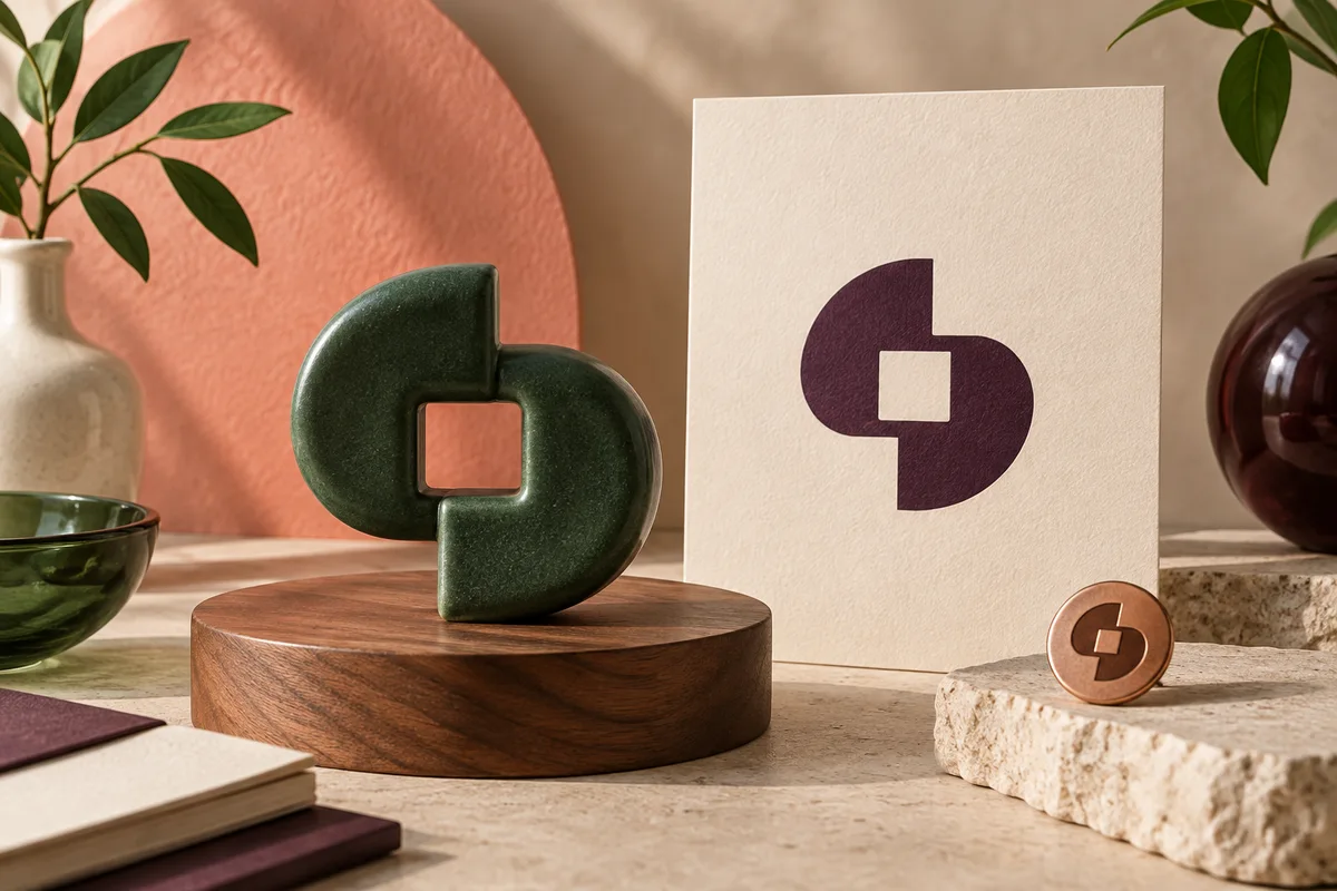 Conceptual curved geometric identity shown as a forest-green sculpture, plum print, and copper-colored pin