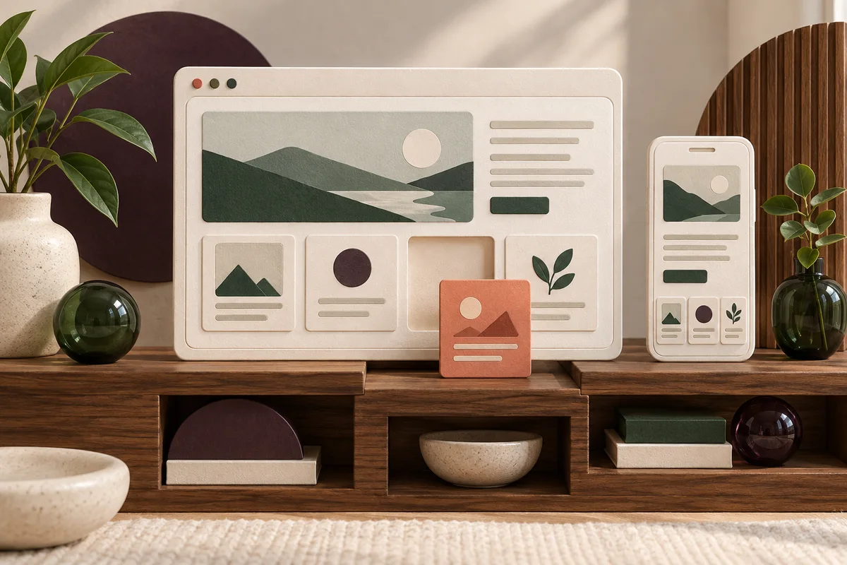 Conceptual desktop and mobile website layouts with removable content tiles on modular walnut shelves