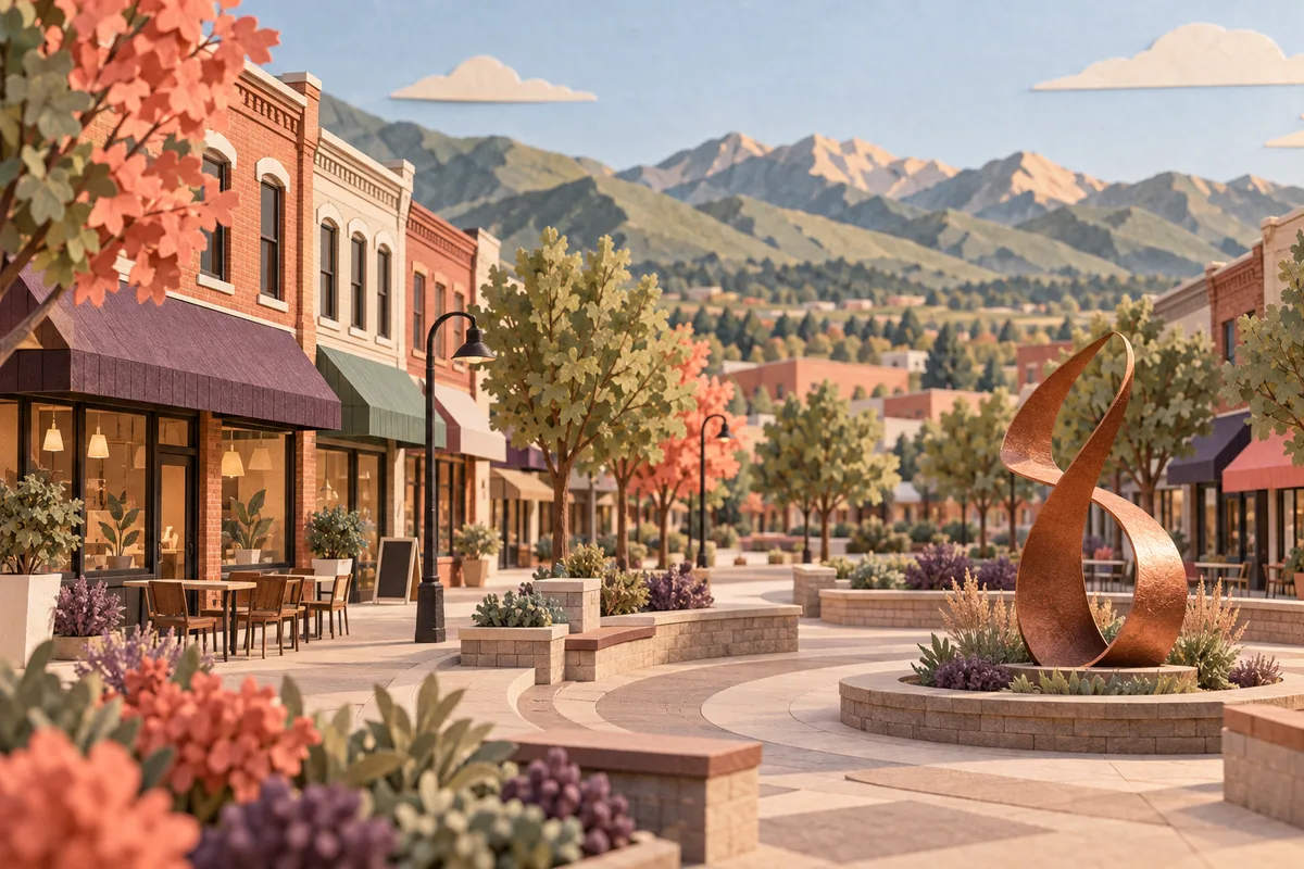 Conceptual Main Street storefronts and a copper sculpture in a landscaped plaza below northern Utah-inspired mountains