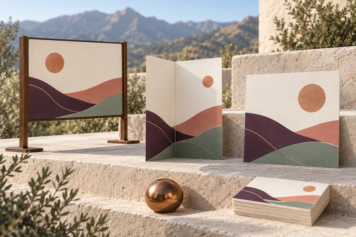 Conceptual shop sign, folded leaflet, announcement card, and small cards with coordinated foothill-inspired graphics