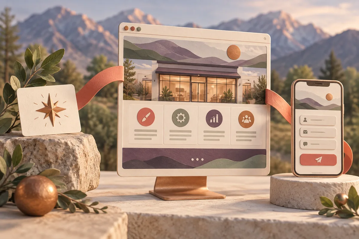 Conceptual recommendation card connected by a coral ribbon to desktop and mobile business website layouts