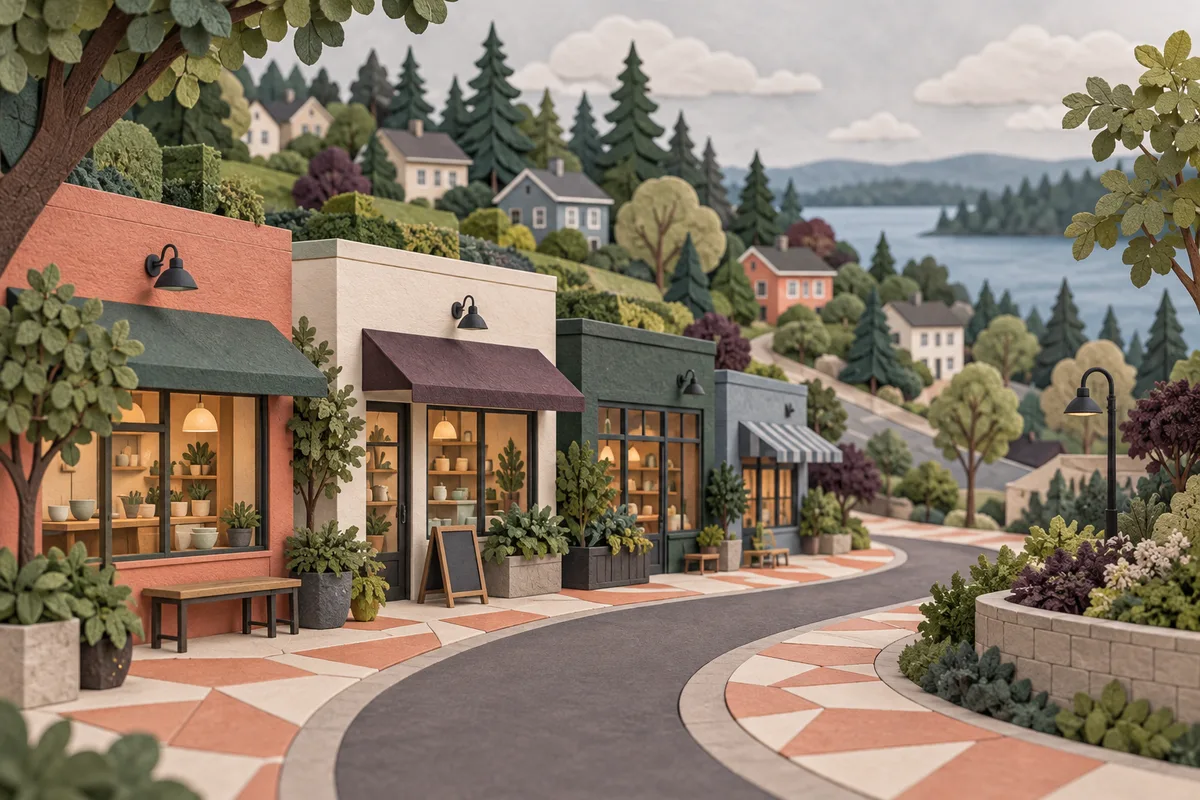 Conceptual neighborhood storefronts along a curved road with wooded hillside homes and a distant lake