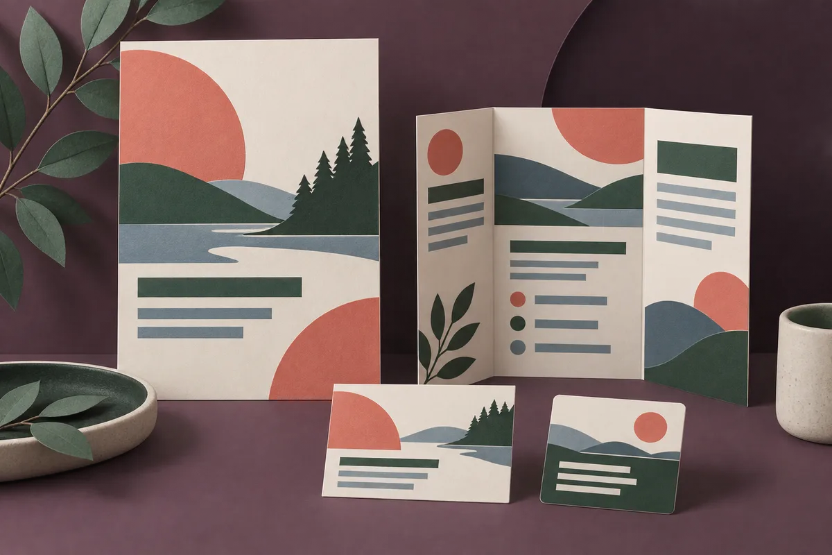 Conceptual poster, folded service guide, and announcement cards with coordinated forest, lake, and coral shapes
