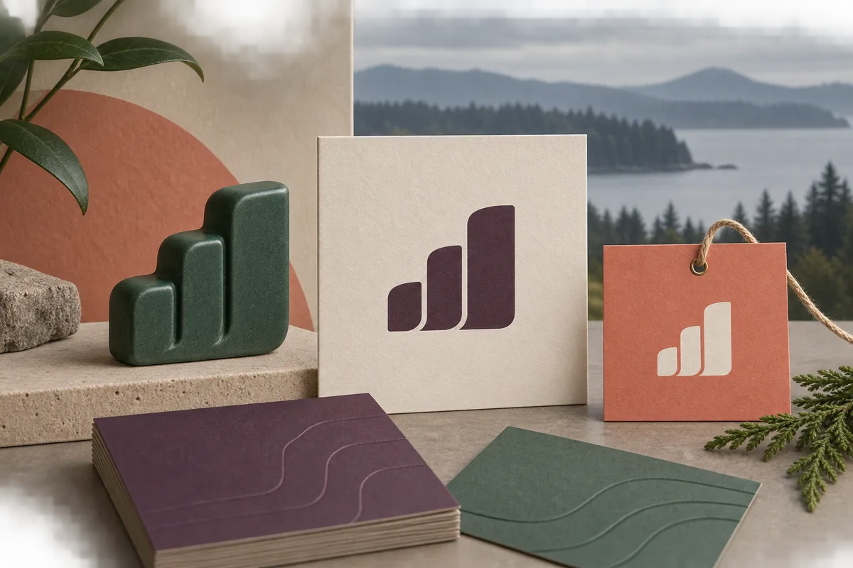 Conceptual identity of three rising rounded shapes shown as a green sculpture, plum print, and coral tag