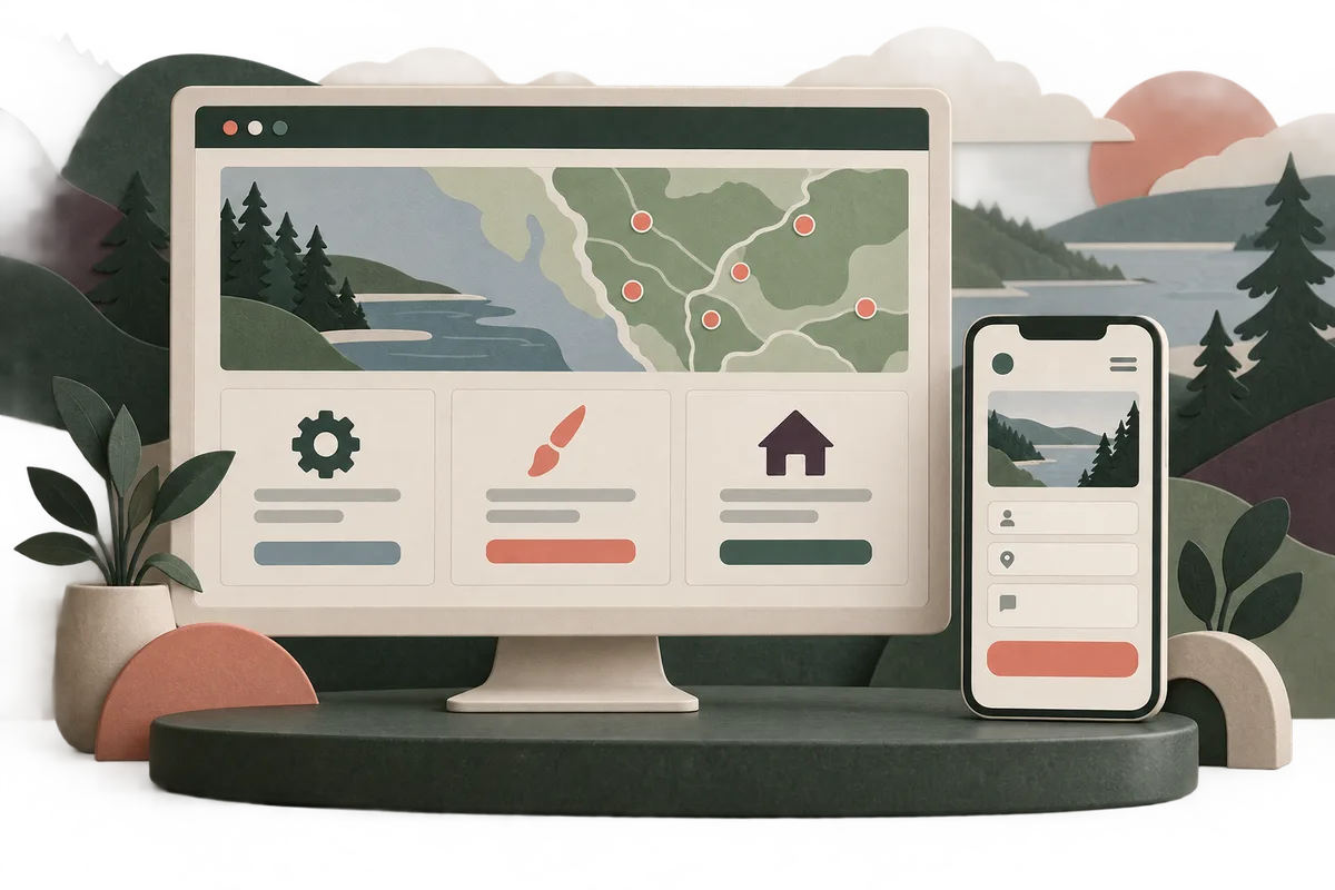 Conceptual desktop website with service panels and an abstract coverage map beside a mobile inquiry form
