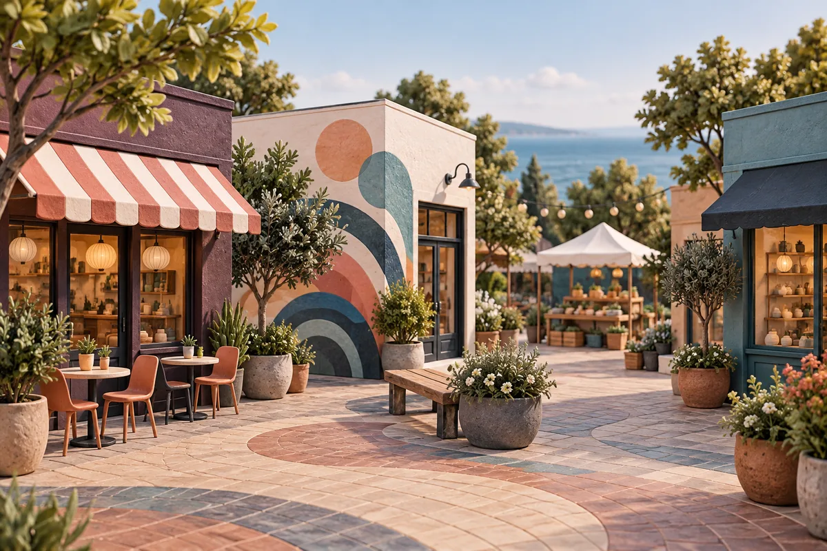 Conceptual small business square with colorful storefronts, an abstract mural, a market canopy, and a coastal horizon