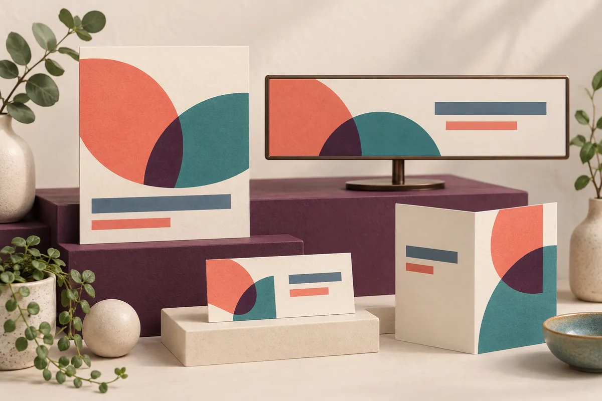 Conceptual poster, horizontal digital banner, card, and folded leaflet sharing coral and teal curved graphics