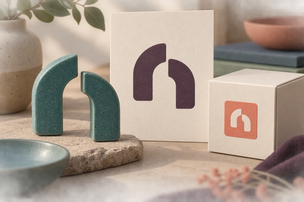 Conceptual offset arch identity shown as teal ceramic shapes, a plum print, and a coral label on an ivory box