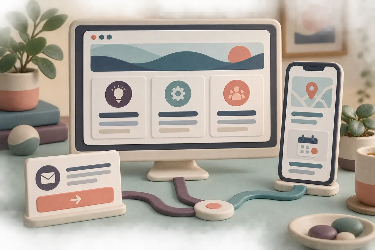 Conceptual desktop service website connected to mobile visit information and a separate inquiry panel