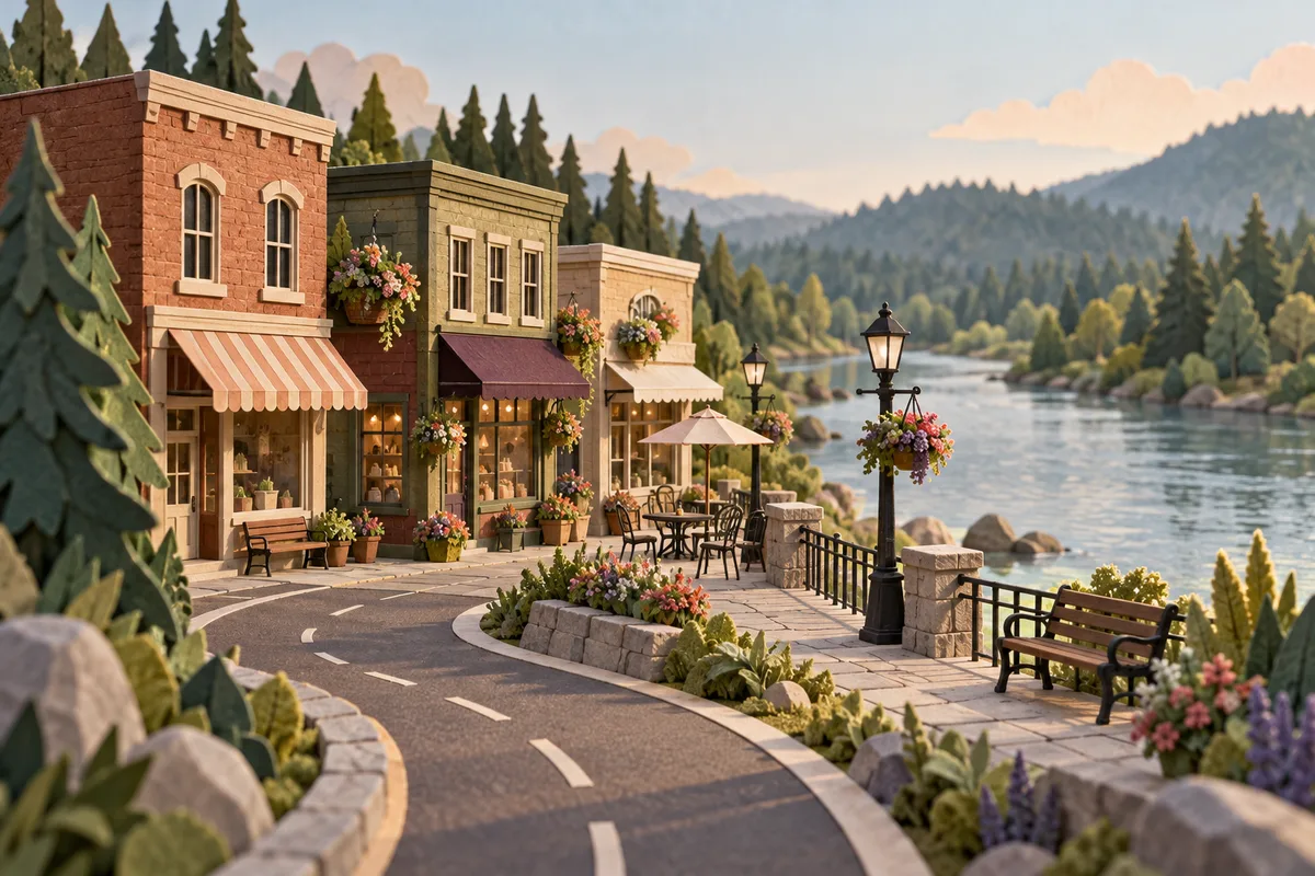 Conceptual river-town storefronts with flower baskets, a curved road, and a pedestrian path beside a wooded river