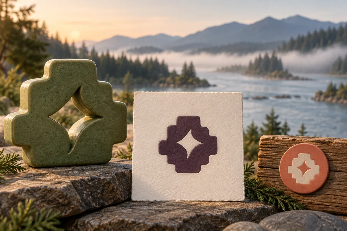 Conceptual stepped emblem with an open diamond center shown as a green sculpture, plum print, and coral badge