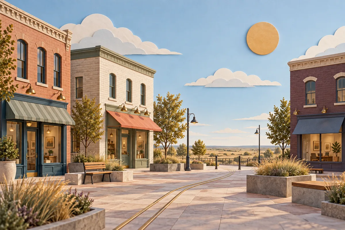 Conceptual brick commercial buildings beside a paved forecourt with brass inlays and a grassy prairie horizon