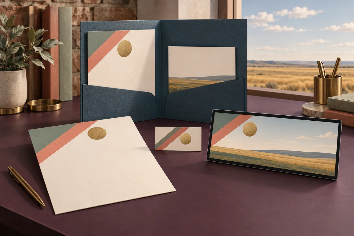 Conceptual presentation folder, service sheet, cards, and digital panel with coordinated coral and sage geometric artwork