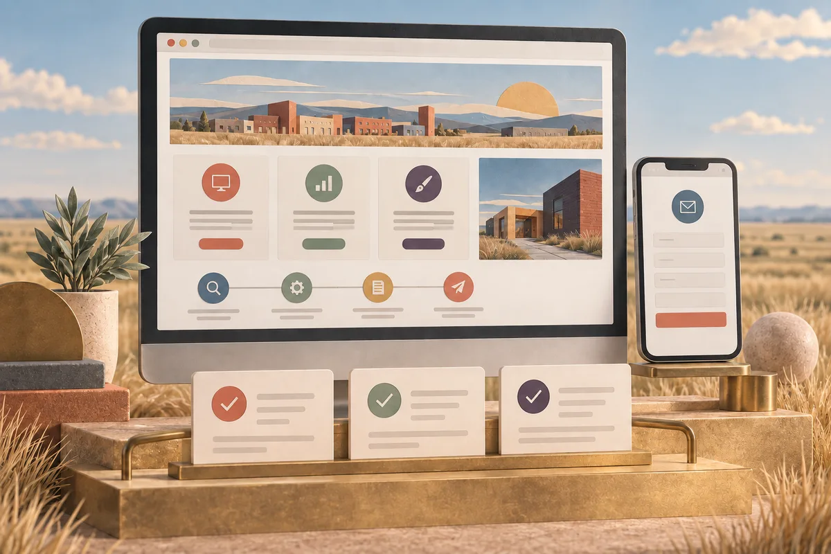 Conceptual desktop and mobile business website layouts with service cards and an inquiry form against a prairie scene
