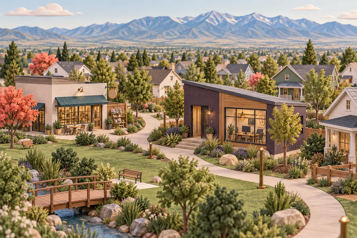 Conceptual neighborhood shops and homes connected by garden paths, with a green park edge and distant blue mountains