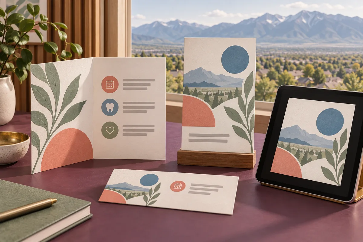 Conceptual folded service guide, reminder card, counter display, and tablet with coordinated botanical and mountain artwork