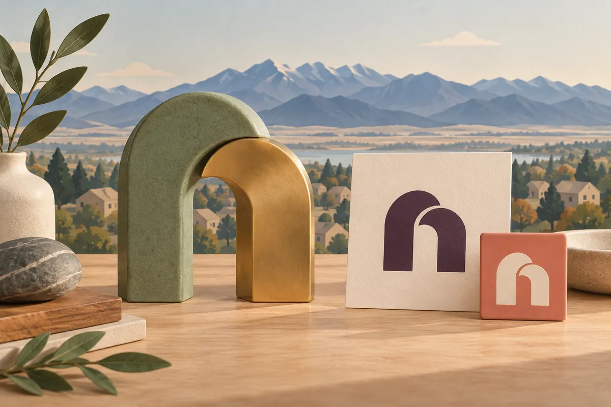 Conceptual interlocking arch emblem in sage ceramic and brass with matching plum artwork and a coral tile