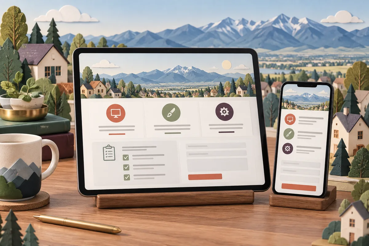 Conceptual tablet and phone service website with three service tiles, a preparation checklist, and inquiry form beside paper houses