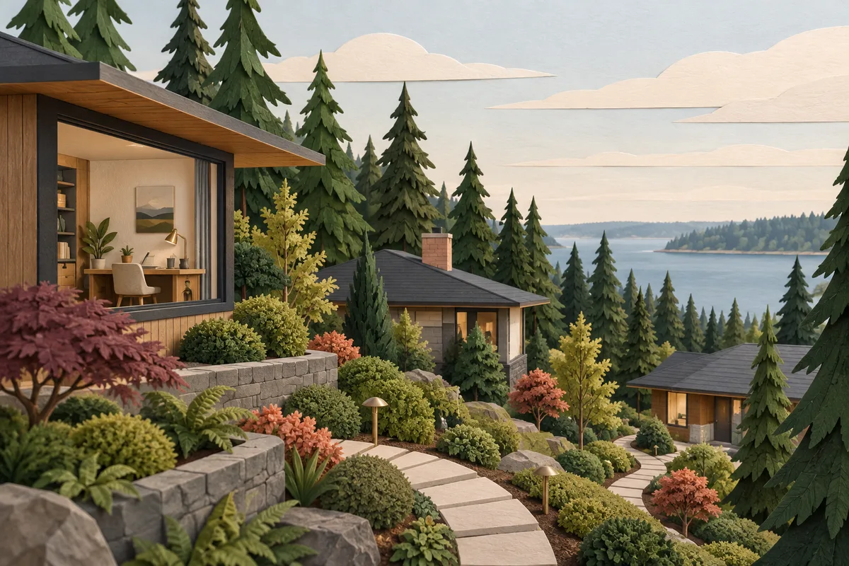 Conceptual homes and a studio window on a wooded hillside, with a garden path and a distant view of blue water