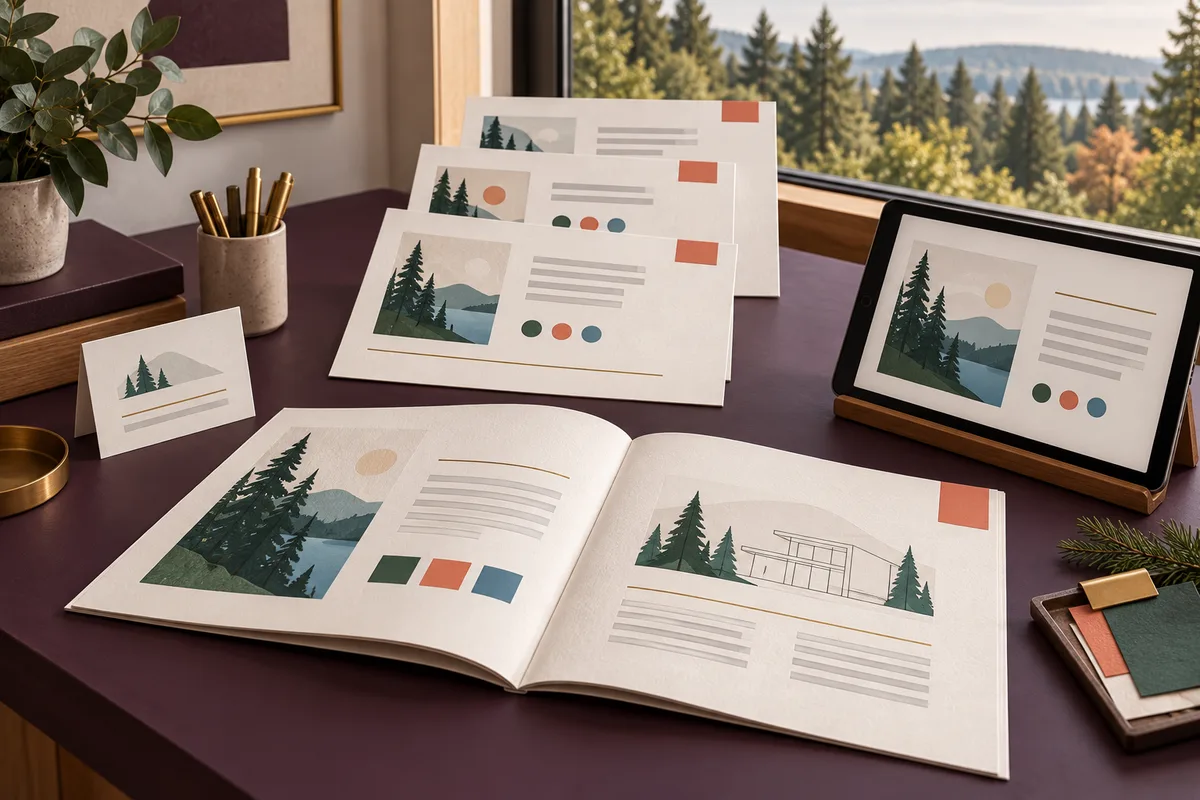 Conceptual open project booklet, comparison sheets, introduction card, and tablet with coordinated evergreen and coral artwork