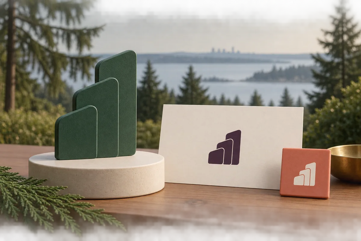 Conceptual stepped emblem formed by three offset evergreen slabs, with matching plum stationery artwork and a coral tile