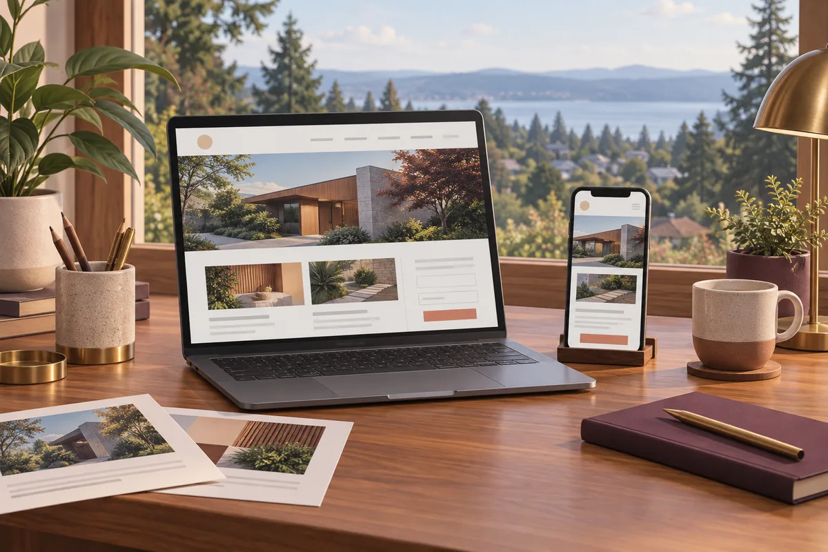 Conceptual laptop and phone showing architectural project pages and an inquiry form on a cedar desk beside project sheets