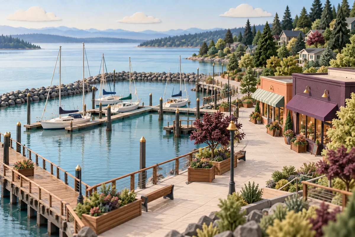 Conceptual marina with sailboats, a waterfront promenade, neighborhood shops, and a wooded residential hillside