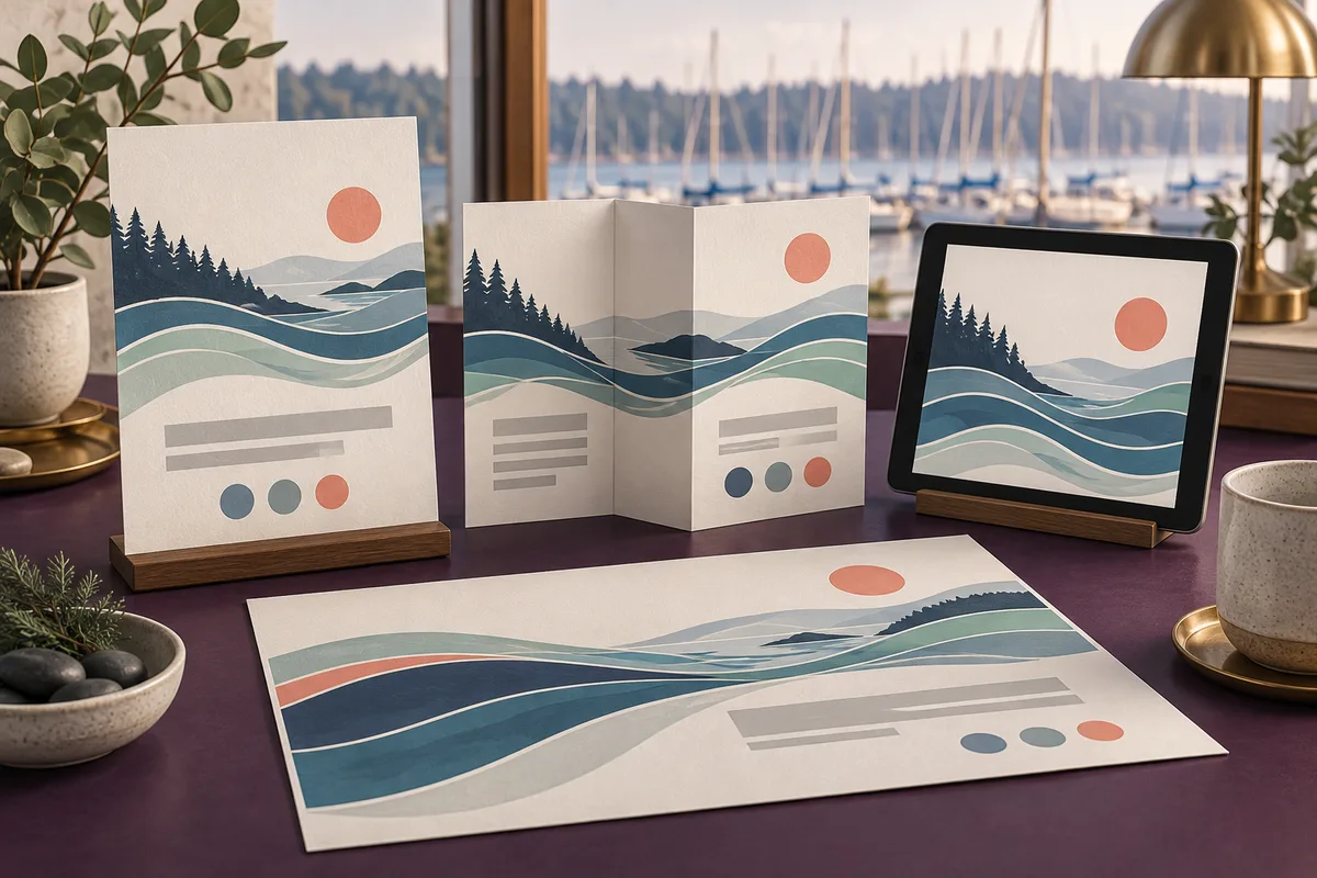 Conceptual counter card, folded leaflet, announcement sheet, and tablet with coordinated coastal wave artwork