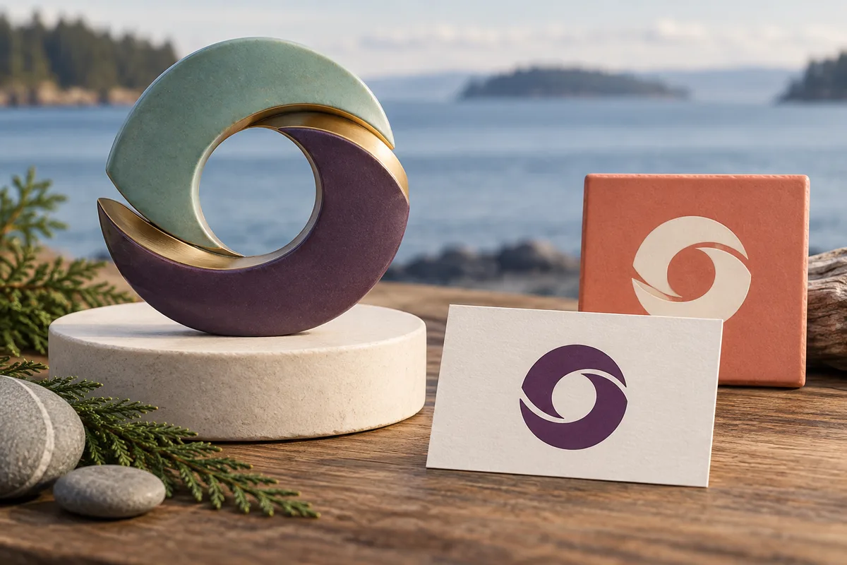 Conceptual circular ribbon emblem in sea-glass green, plum, and brass with matching artwork on ivory and coral cards