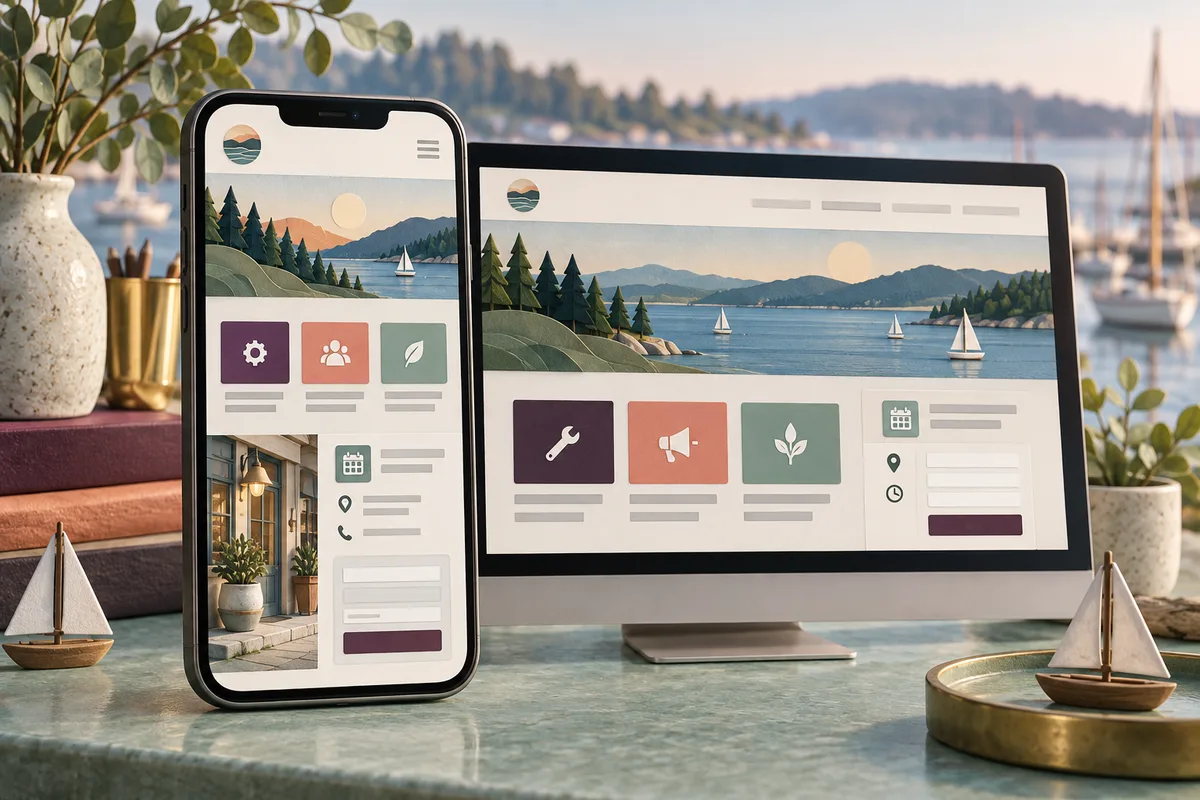 Conceptual smartphone and desktop business website with service tiles, visit information, calendar icons, and inquiry forms
