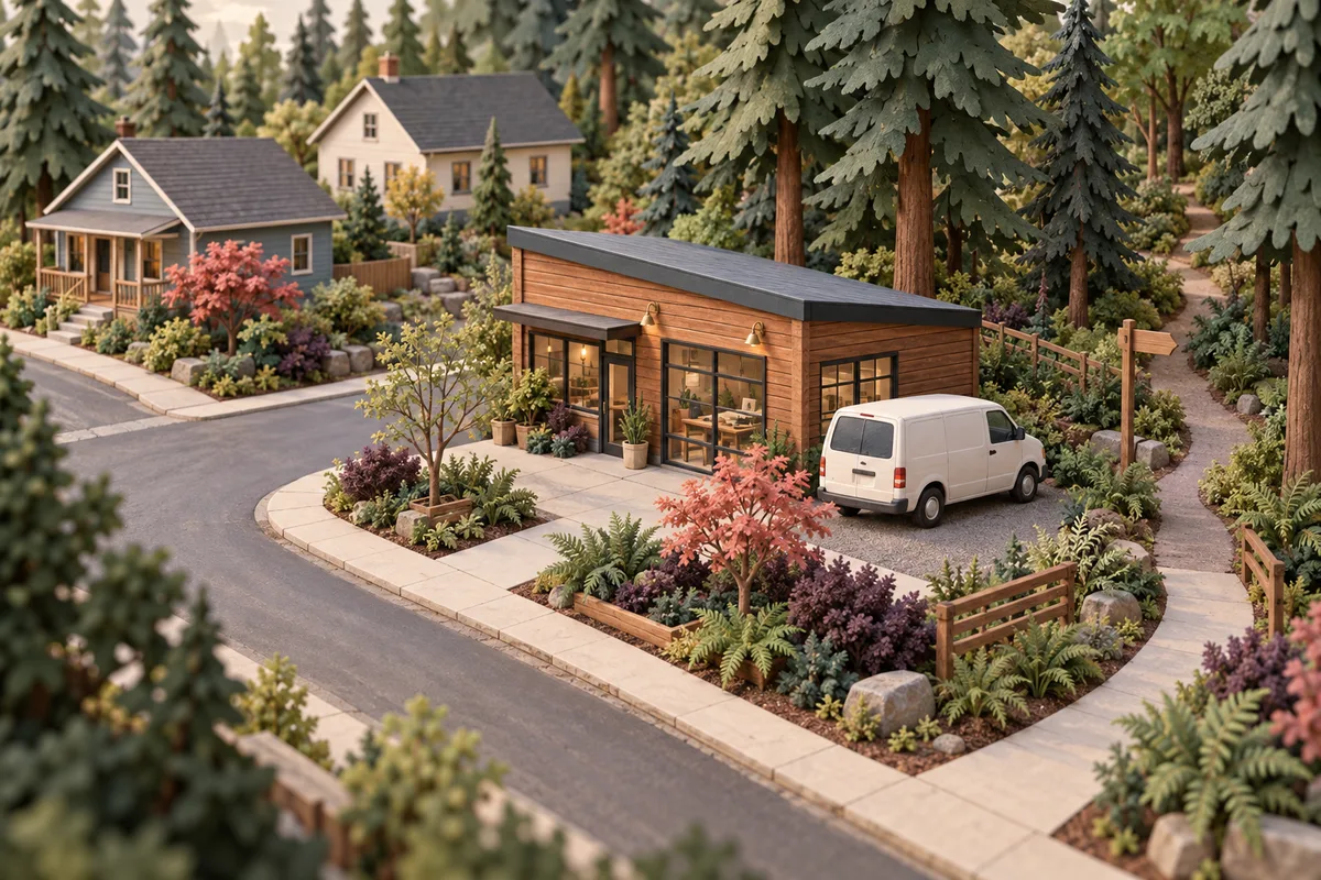 Conceptual cedar service studio and unmarked van beside neighborhood homes, garden paths, and an evergreen park trail