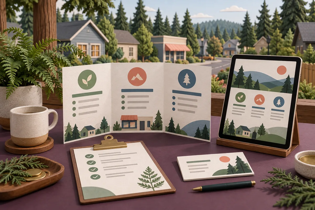 Conceptual folded service guide, clipped checklist, follow-up card, and tablet with coordinated fern-green and coral graphics