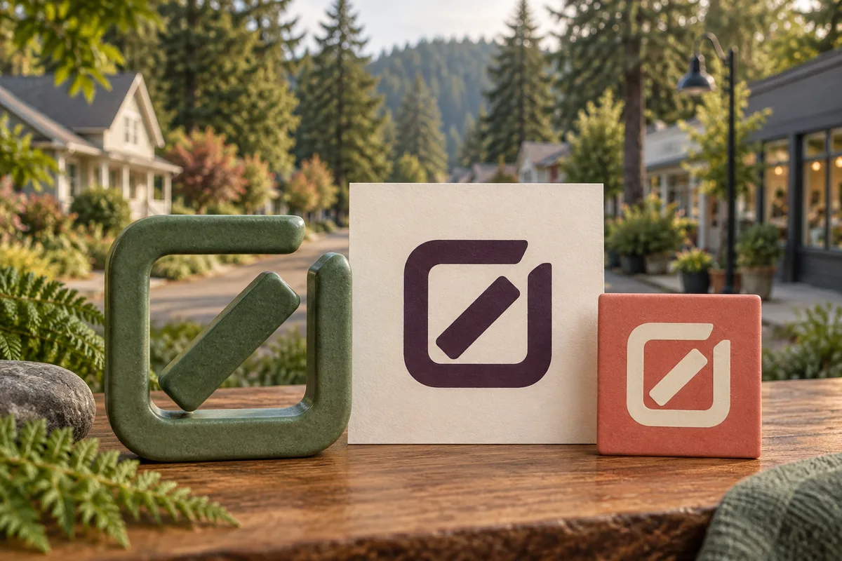 Conceptual rounded square emblem with an open corner and diagonal bar, shown as green sculpture and flat plum and ivory artwork