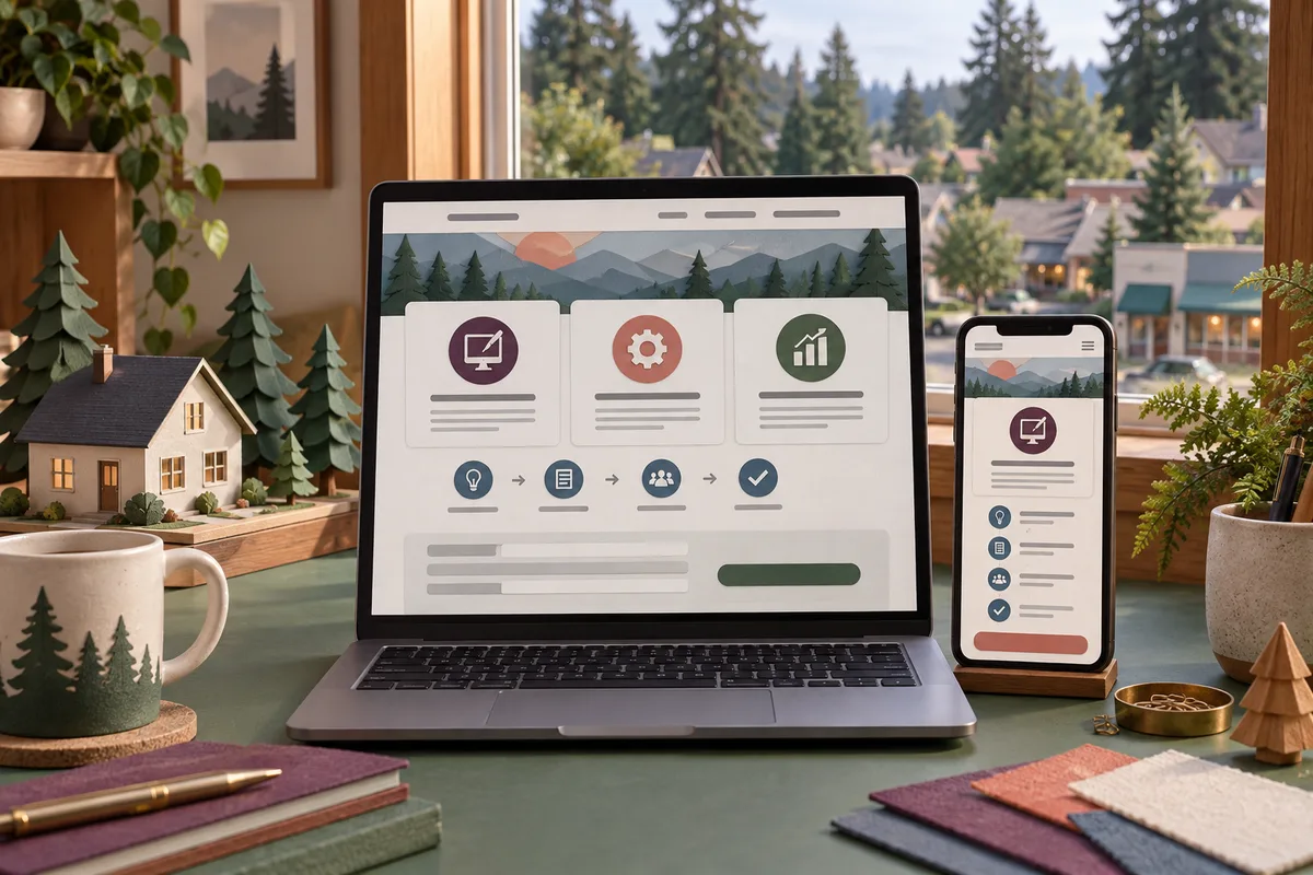 Conceptual laptop and phone service website with three service cards, process steps, and an inquiry form beside miniature houses and trees