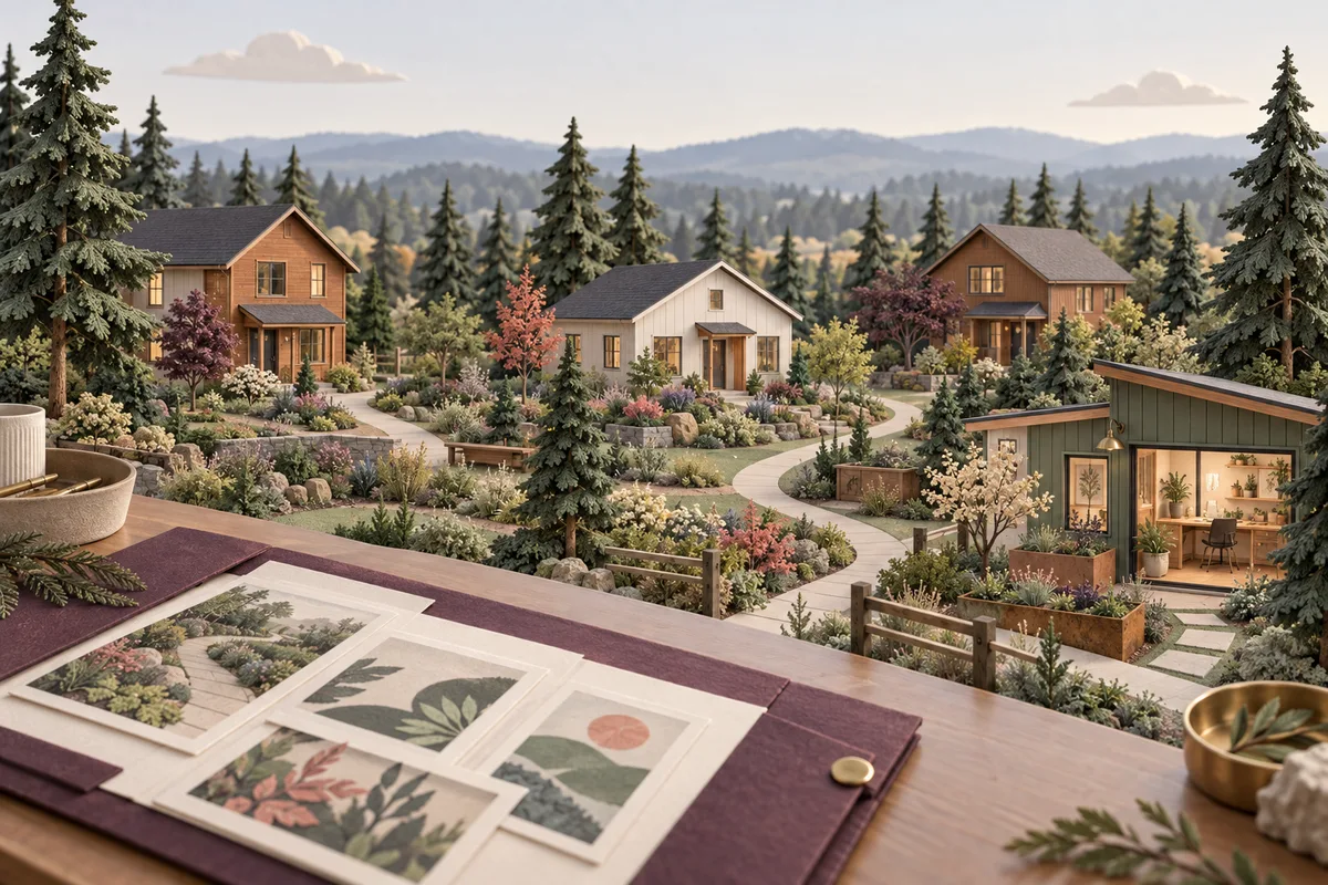 Conceptual wooded neighborhood with cedar homes, garden paths, a small studio, and a portfolio of project images in the foreground