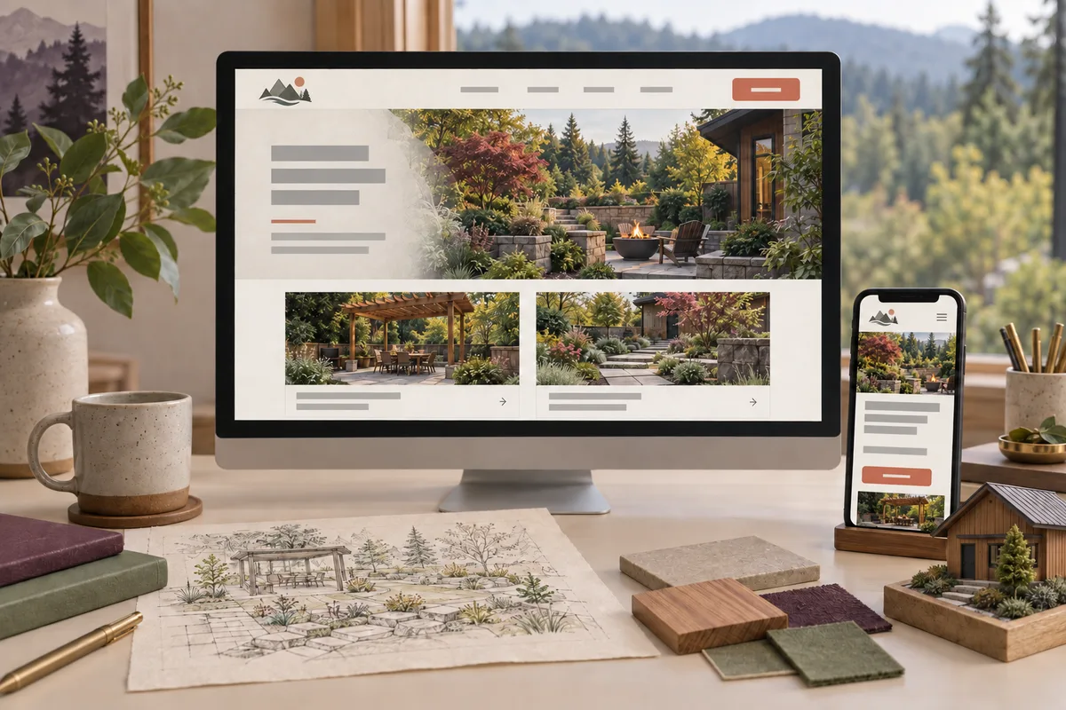 Conceptual desktop and phone portfolio website showing garden projects, abstract content bands, and coral inquiry buttons beside project sketches
